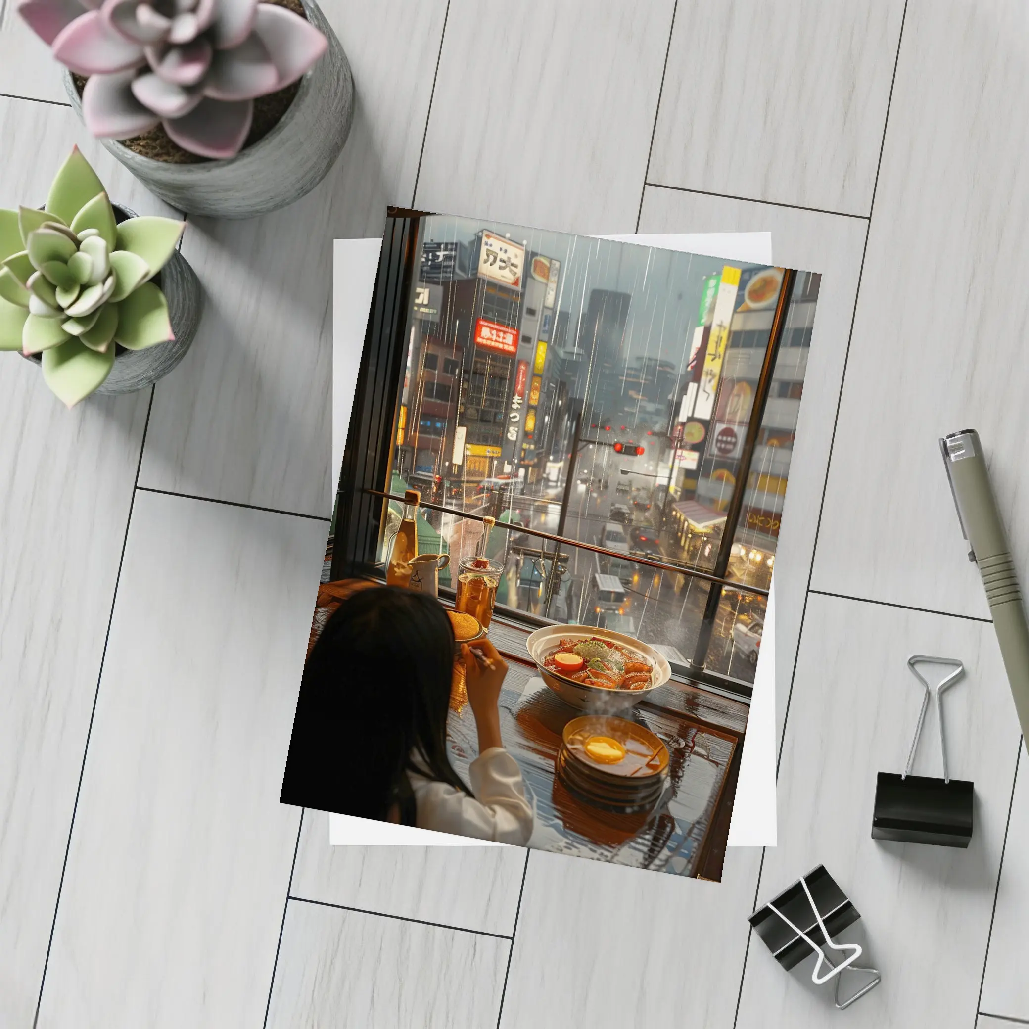 Woman Eating Ramen Rainy Tokyo Street – Postcards