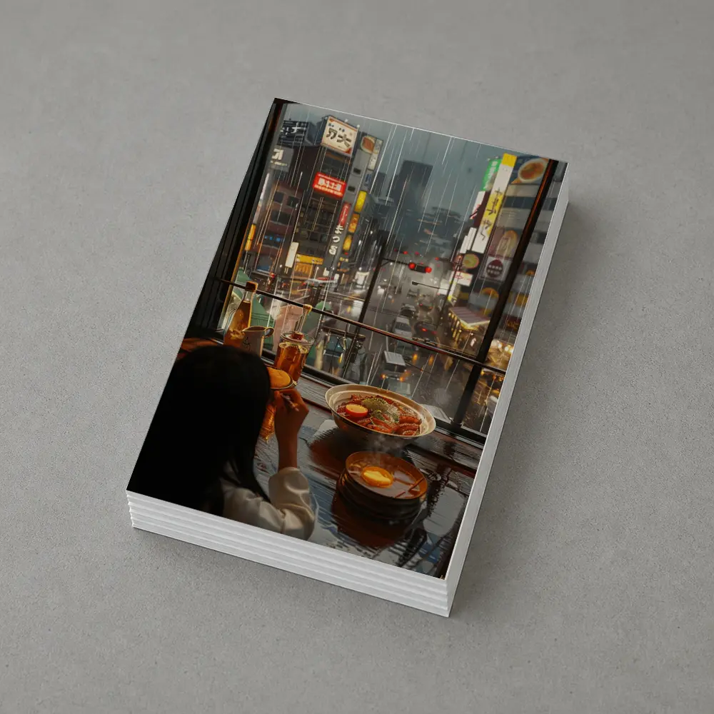 Woman Eating Ramen Rainy Tokyo Street – Postcards