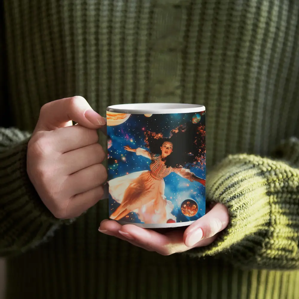 Woman Floating Among Planets Deep Space – Mugs