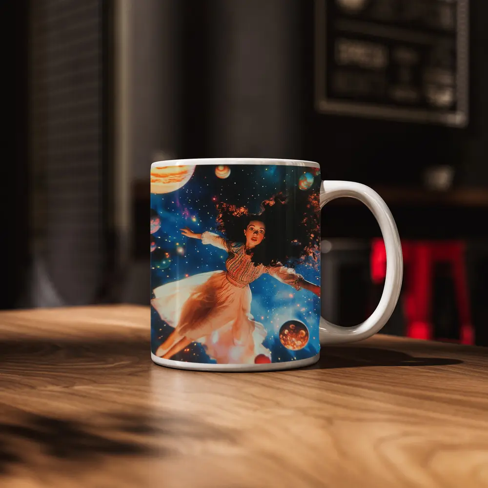 Woman Floating Among Planets Deep Space – Mugs