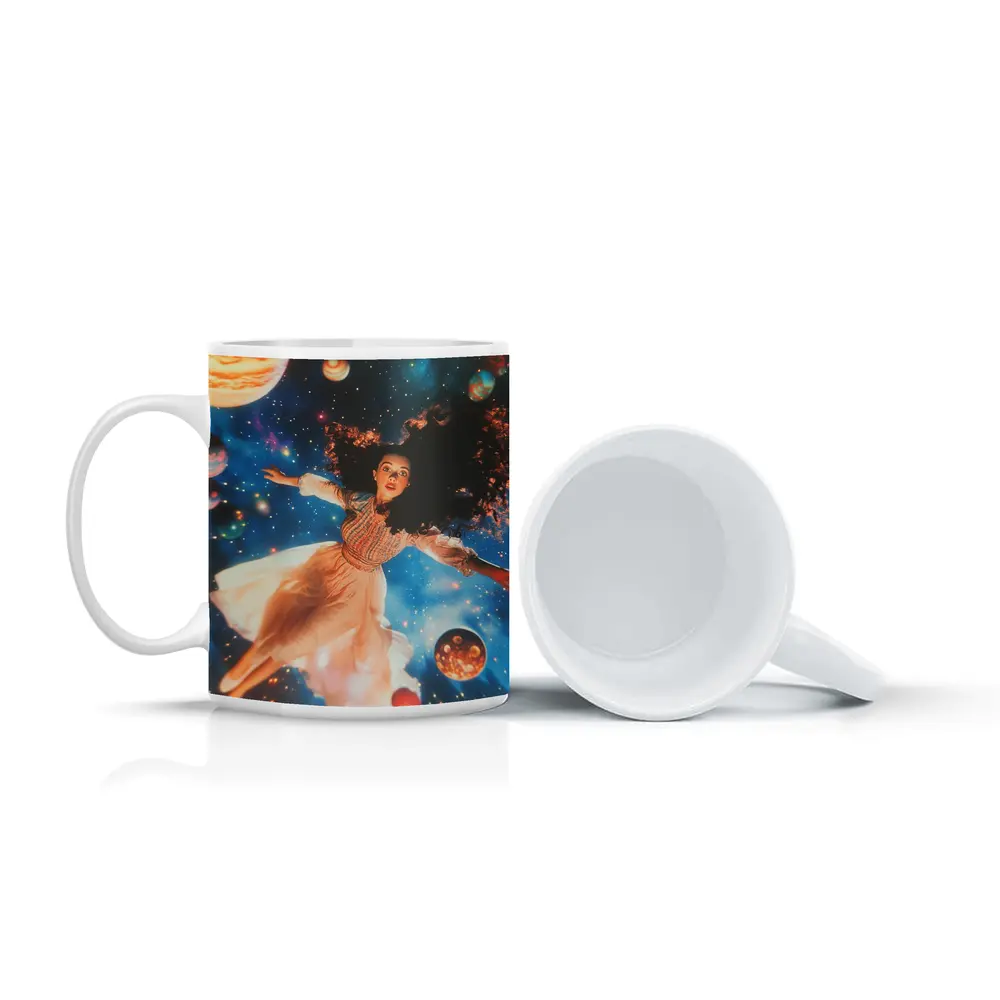 Woman Floating Among Planets Deep Space – Mugs
