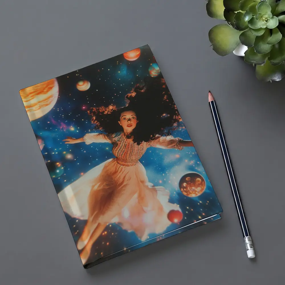 Woman Floating Among Planets Deep Space – Notebooks