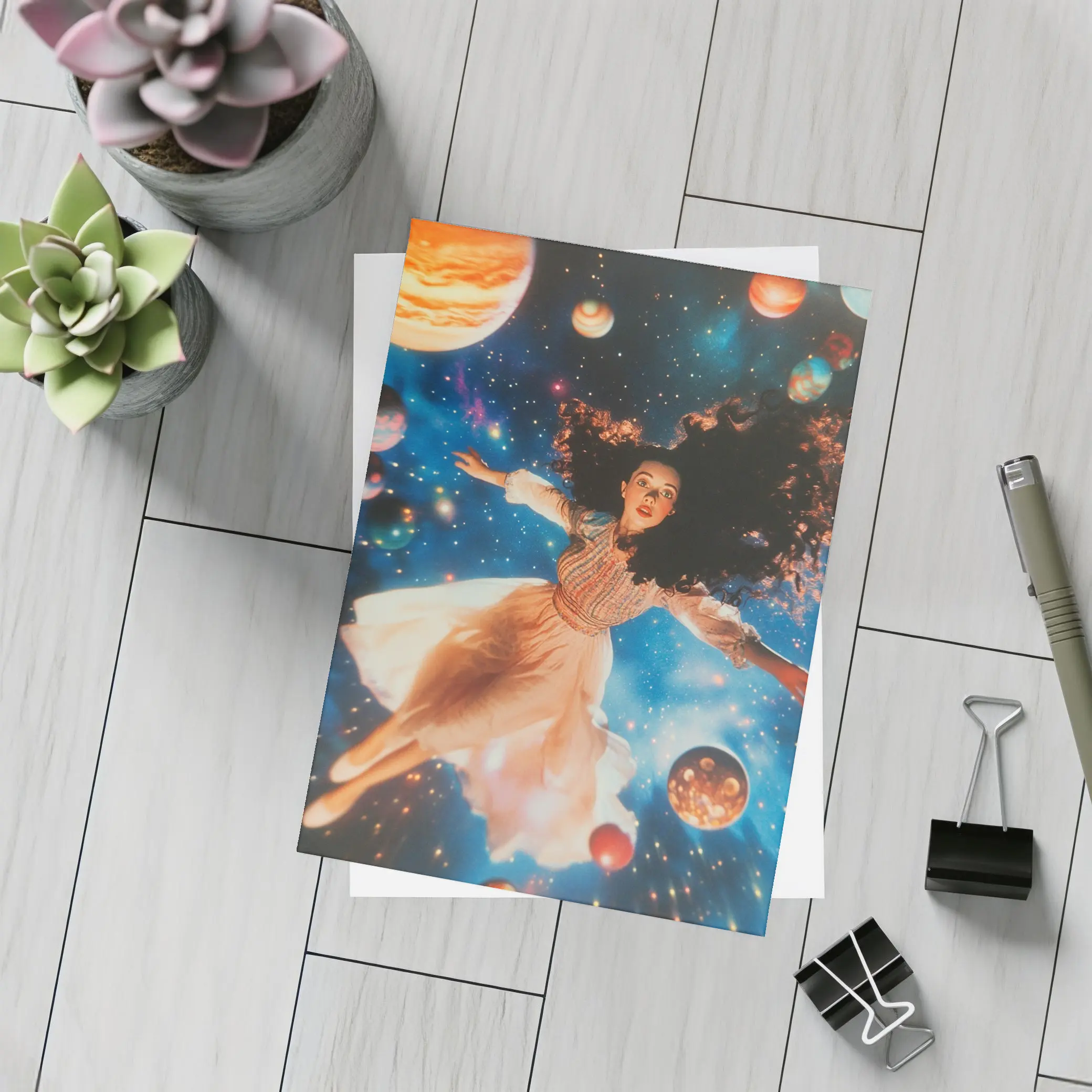 Woman Floating Among Planets Deep Space – Postcards