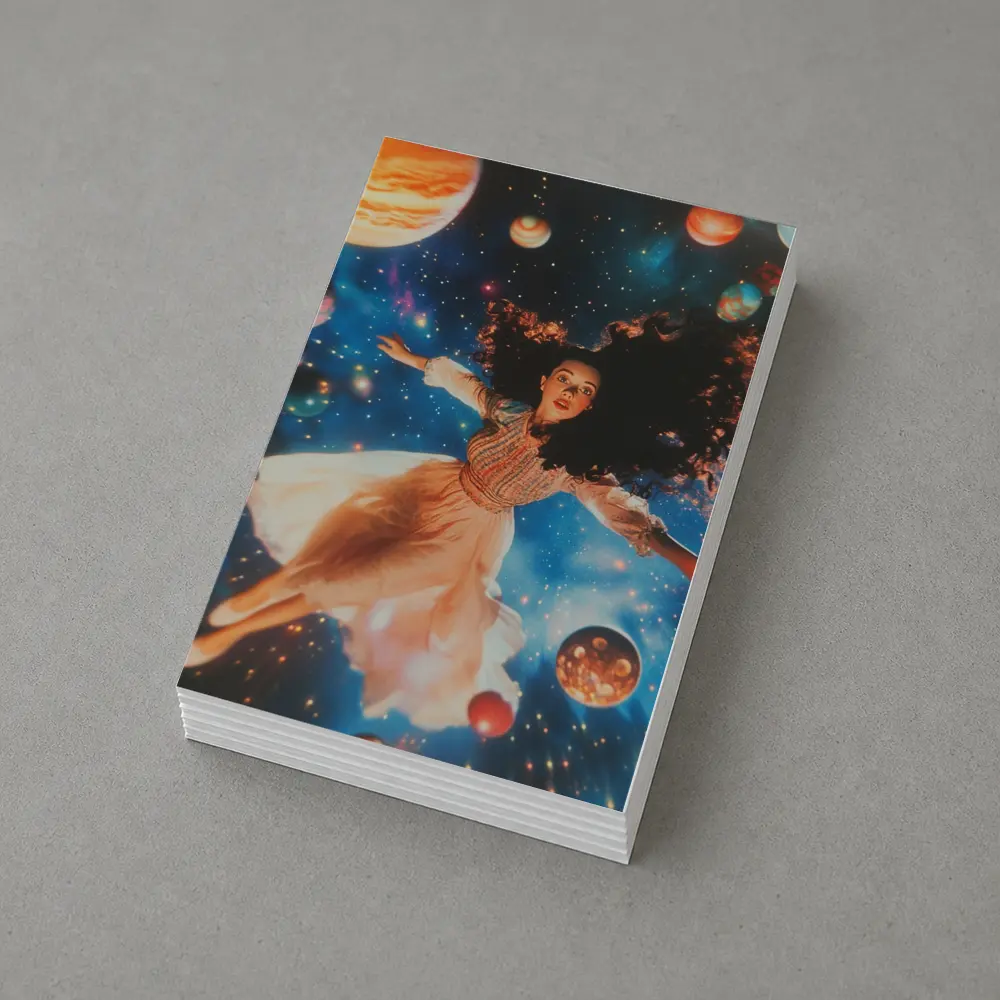 Woman Floating Among Planets Deep Space – Postcards