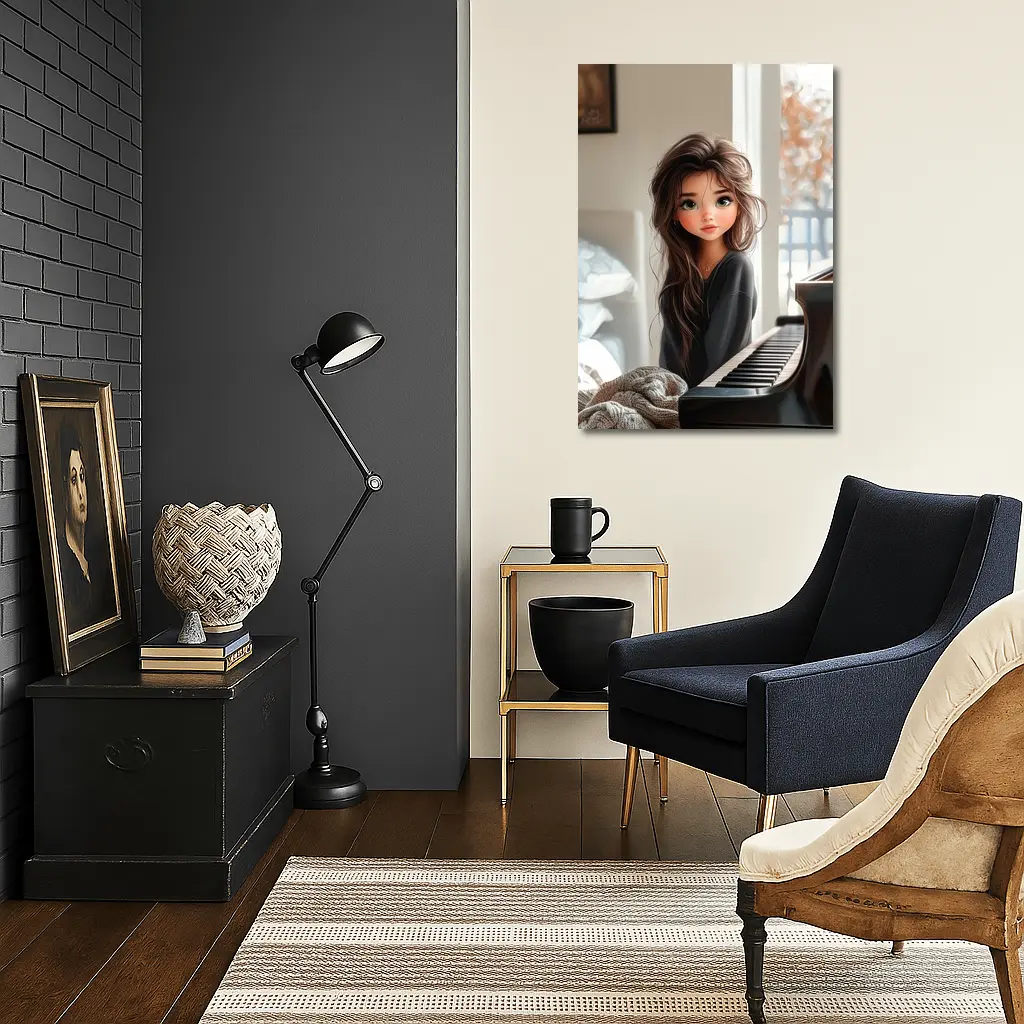 Cartoon Girl Sitting By Grand Piano – Wall Art