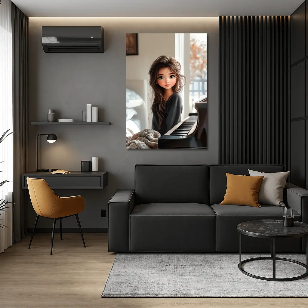 Cartoon Girl Sitting By Grand Piano – Wall Art