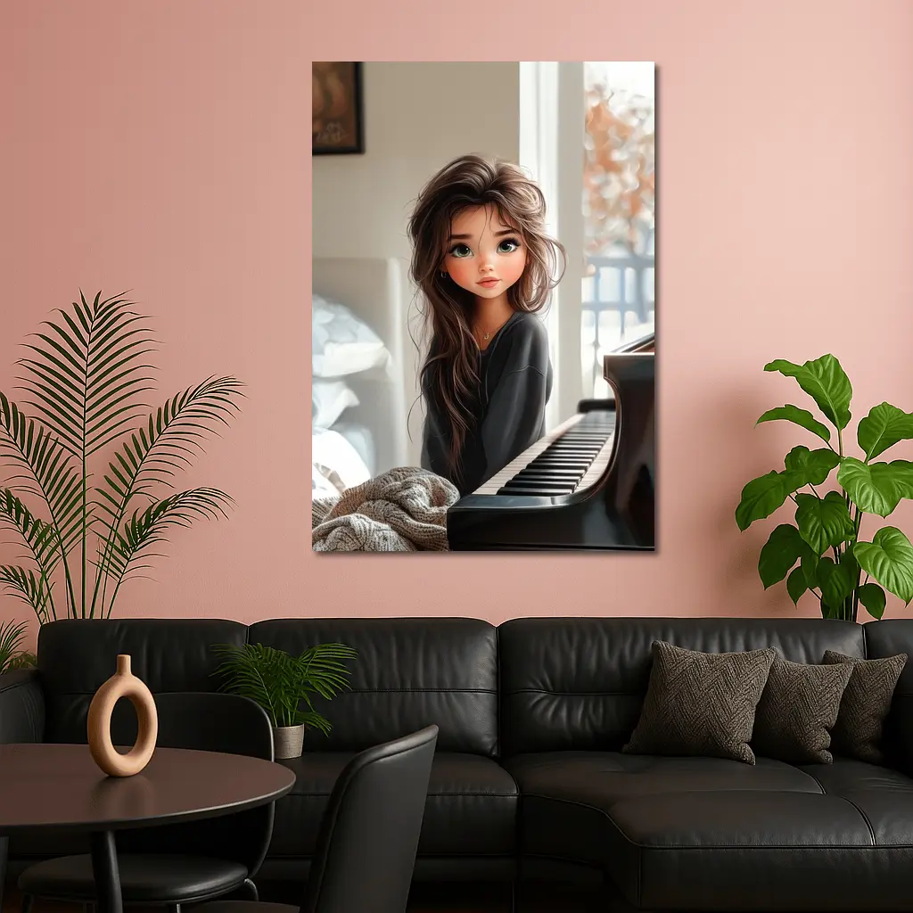 Cartoon Girl Sitting By Grand Piano – Wall Art