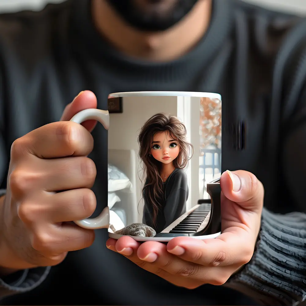 Cartoon Girl Sitting By Grand Piano – Mugs