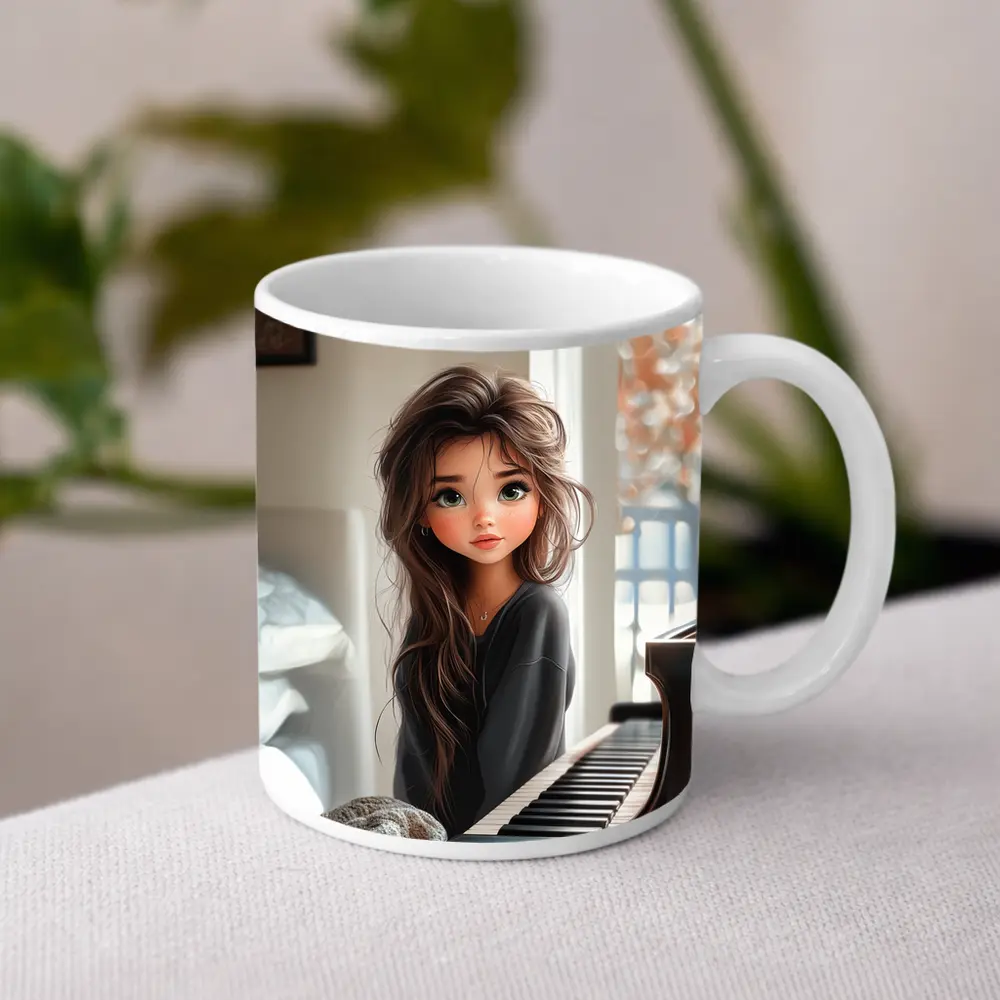 Cartoon Girl Sitting By Grand Piano – Mugs