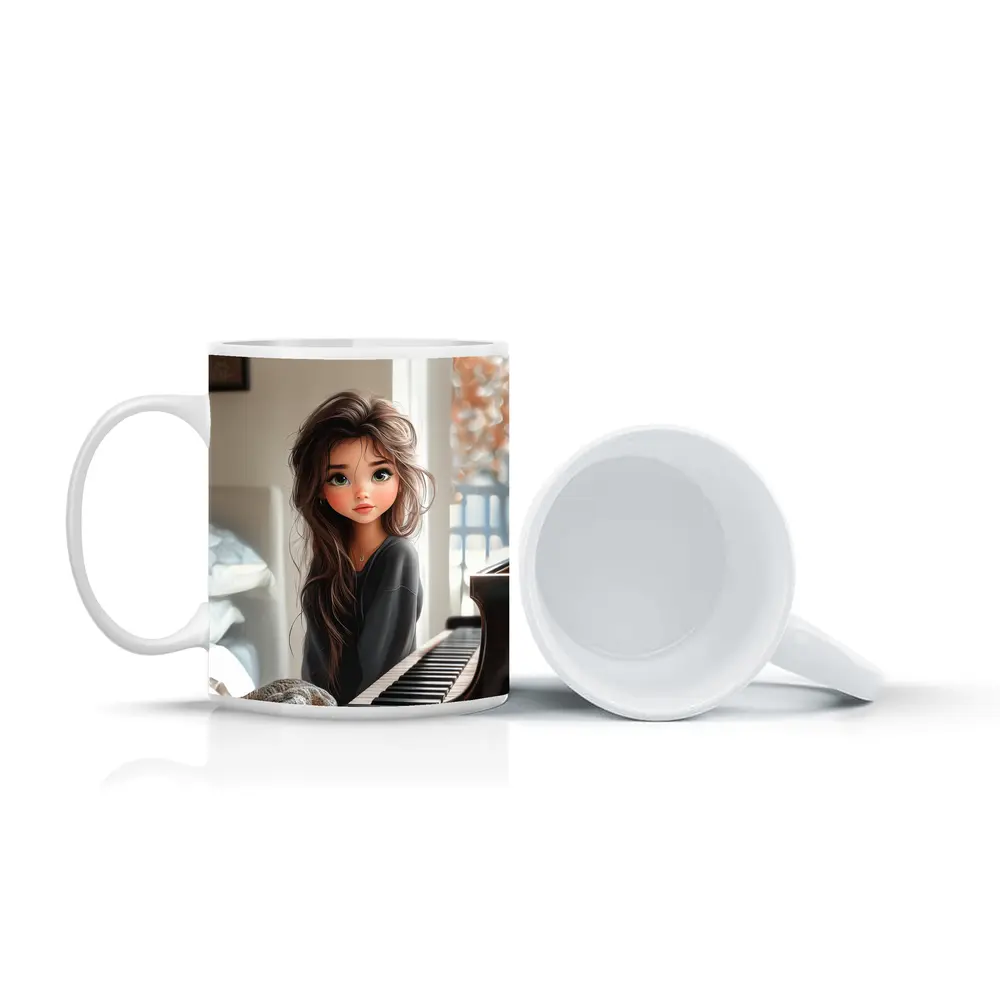 Cartoon Girl Sitting By Grand Piano – Mugs
