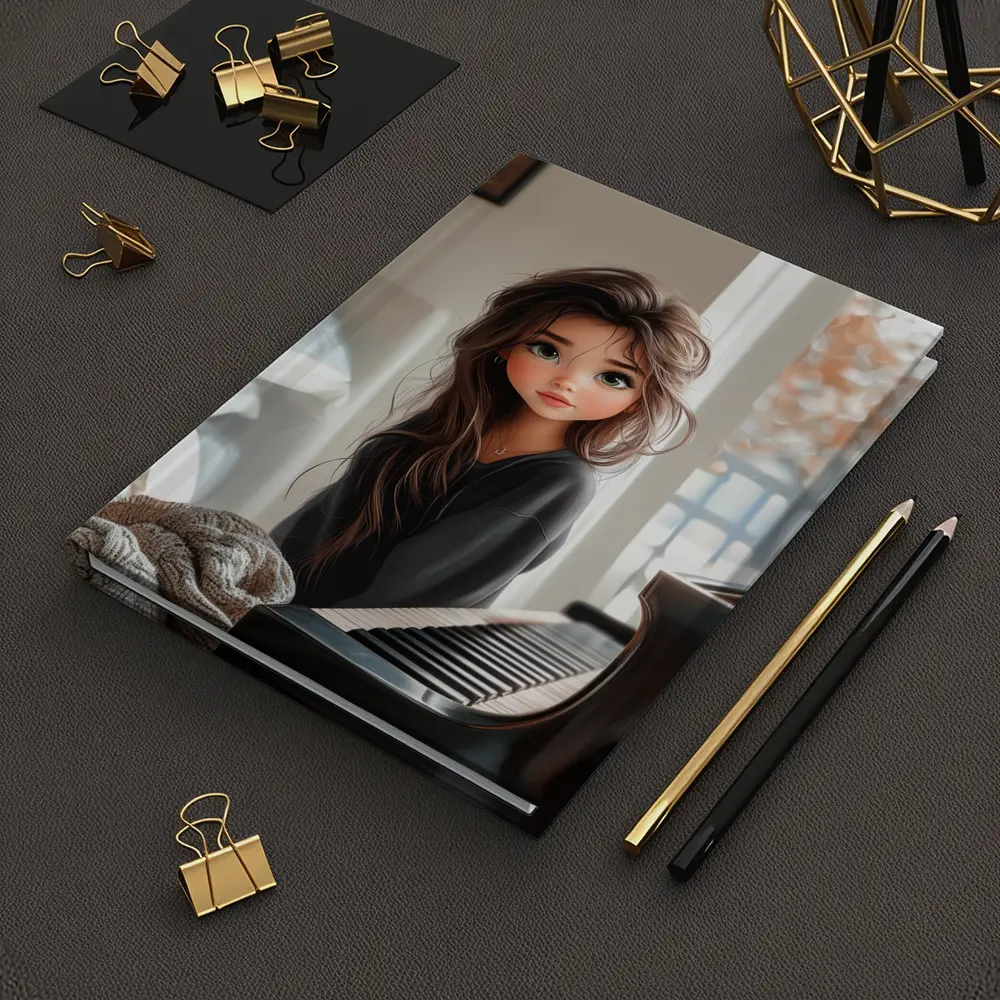 Cartoon Girl Sitting By Grand Piano – Notebooks