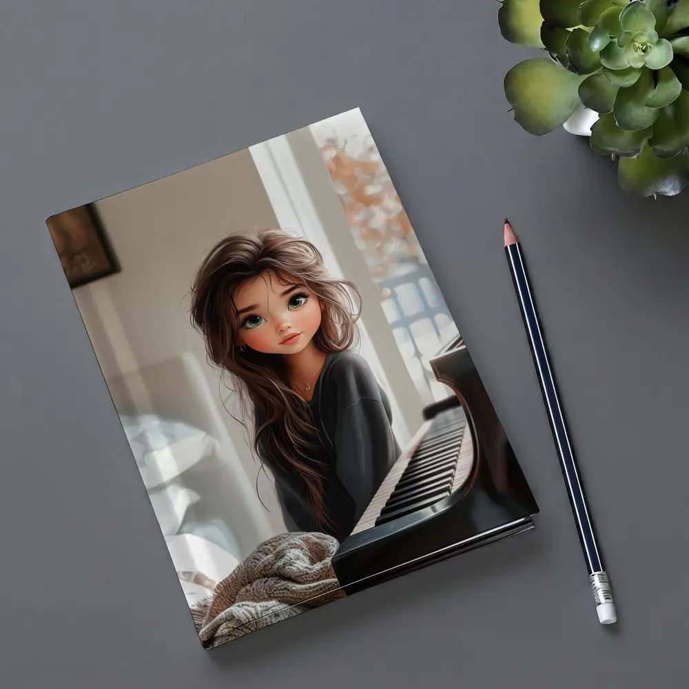 Cartoon Girl Sitting By Grand Piano – Notebooks