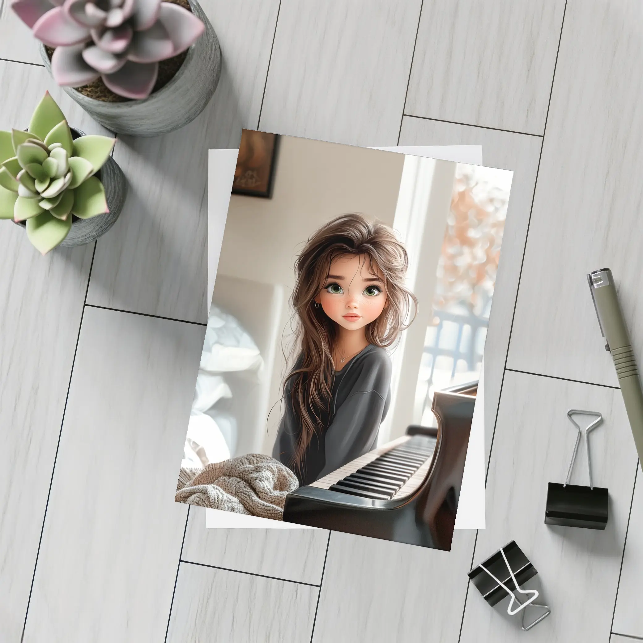 Cartoon Girl Sitting By Grand Piano – Postcards