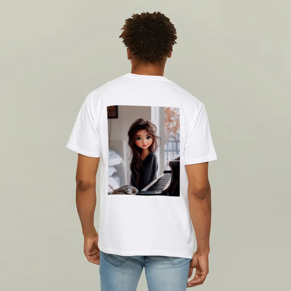 Cartoon Girl Sitting By Grand Piano – T-Shirts
