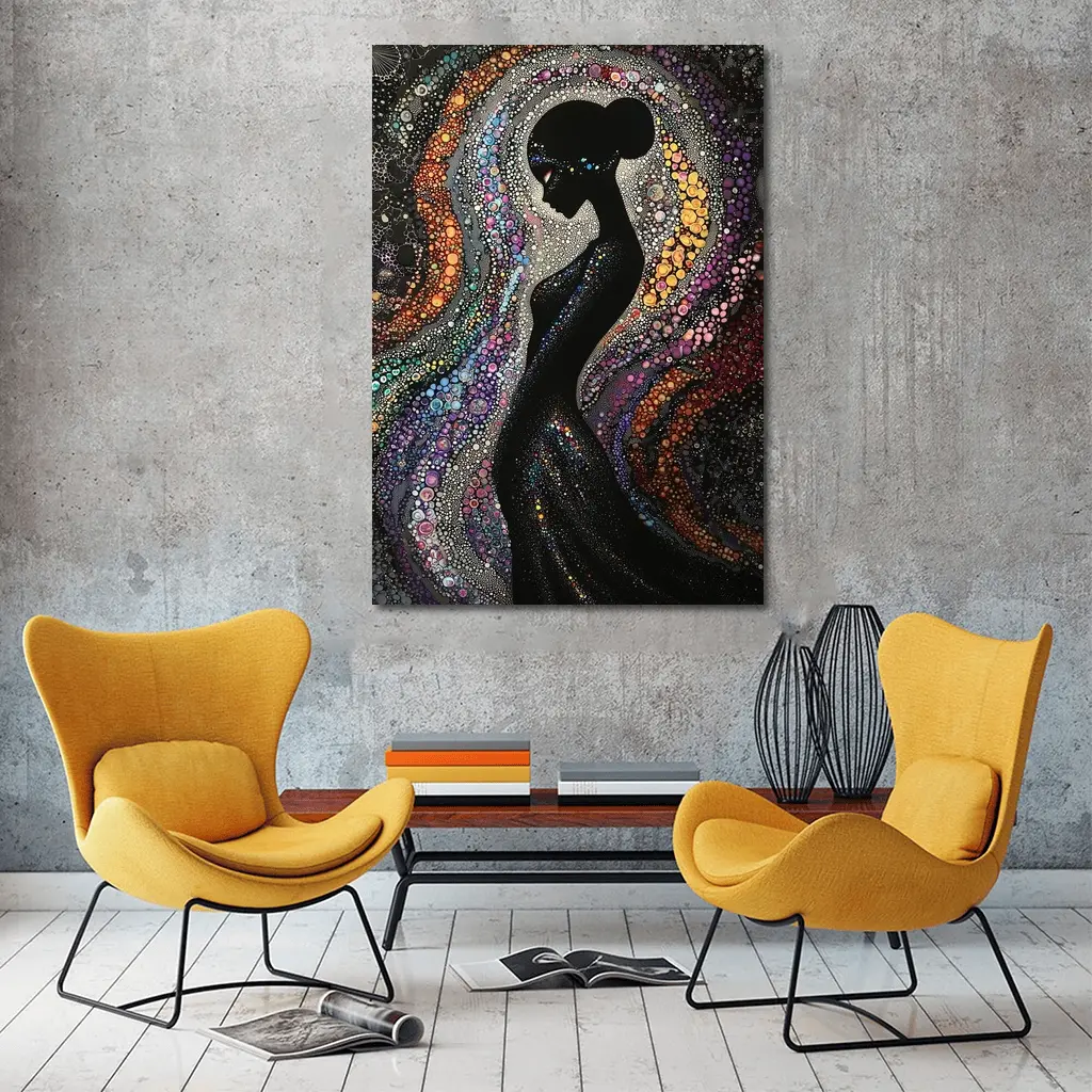 Black Female Silhouette Colorful Dotted Abstract Art – Wall Art