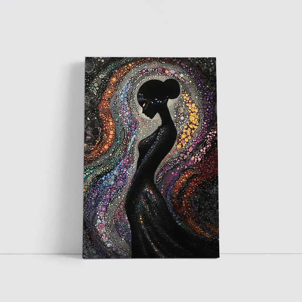Black Female Silhouette Colorful Dotted Abstract Art – Wall Art