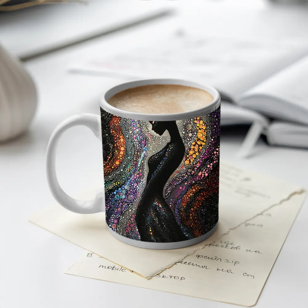 Black Female Silhouette Colorful Dotted Abstract Art – Mugs