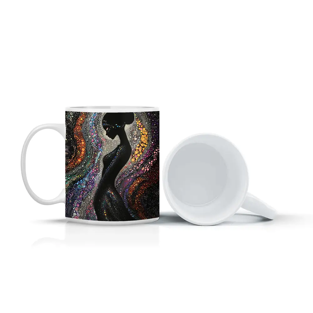 Black Female Silhouette Colorful Dotted Abstract Art – Mugs