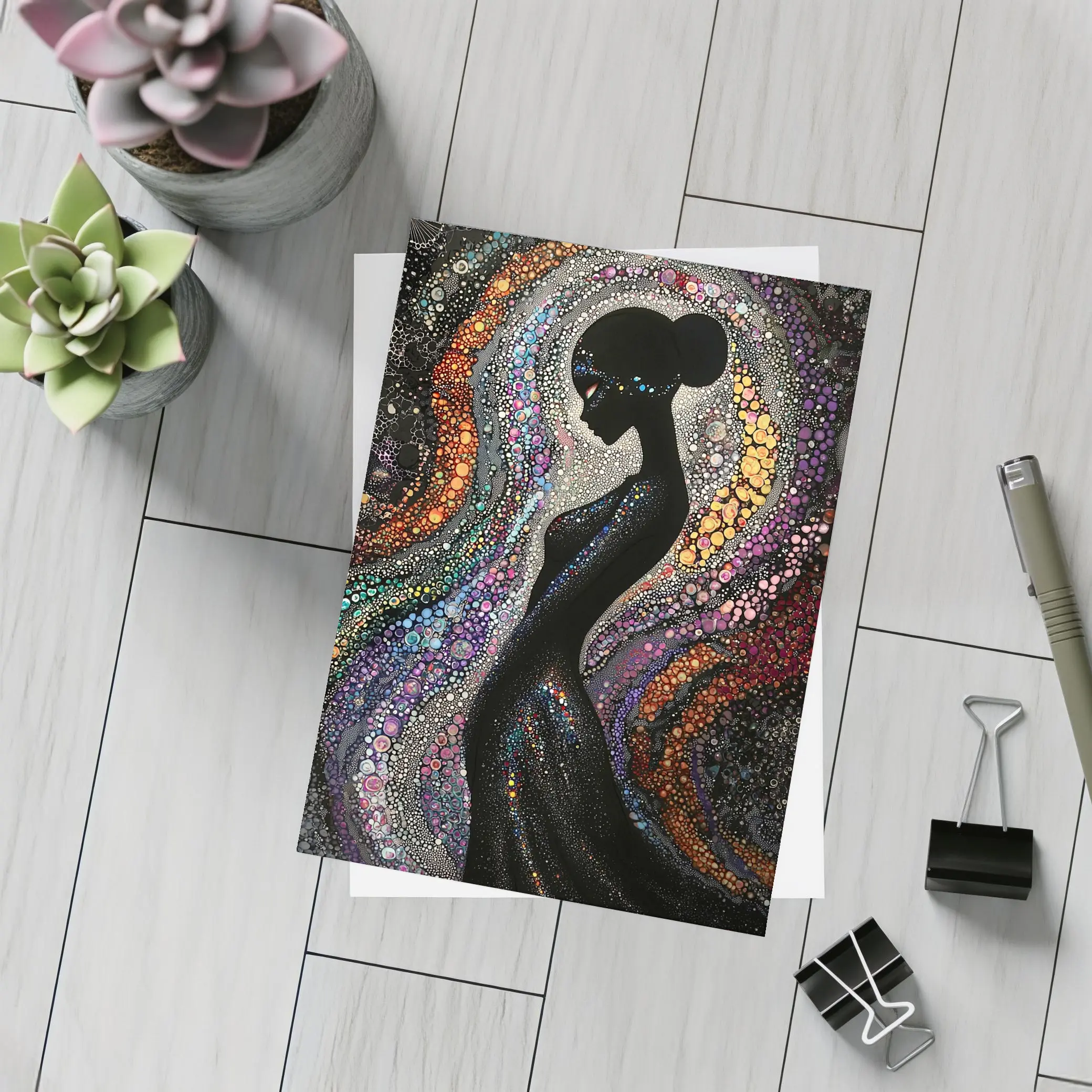 Black Female Silhouette Colorful Dotted Abstract Art – Postcards