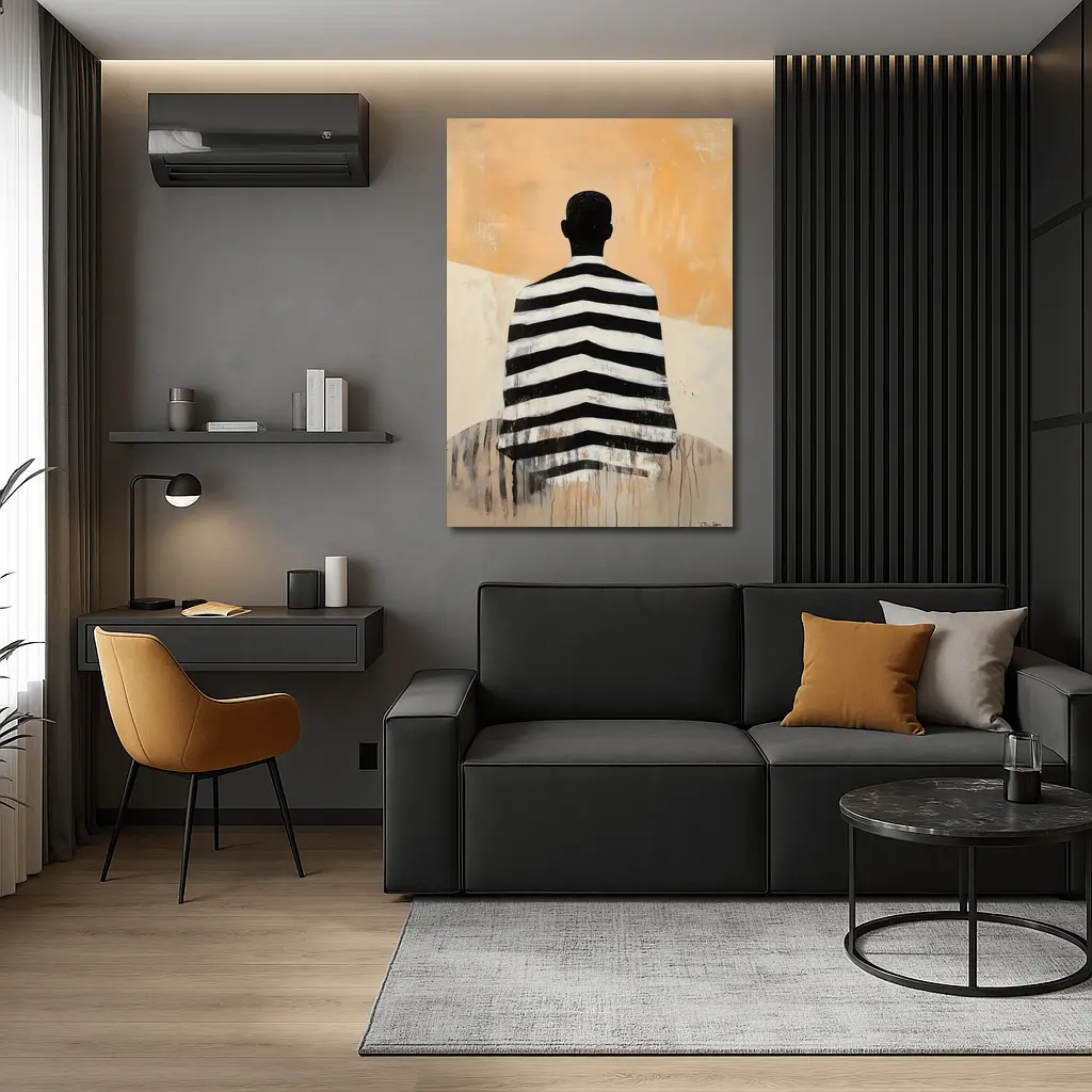 Striped Figure Back View Beige Abstract Painting – Wall Art