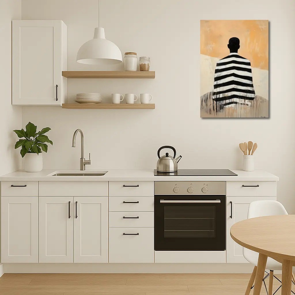 Striped Figure Back View Beige Abstract Painting – Wall Art