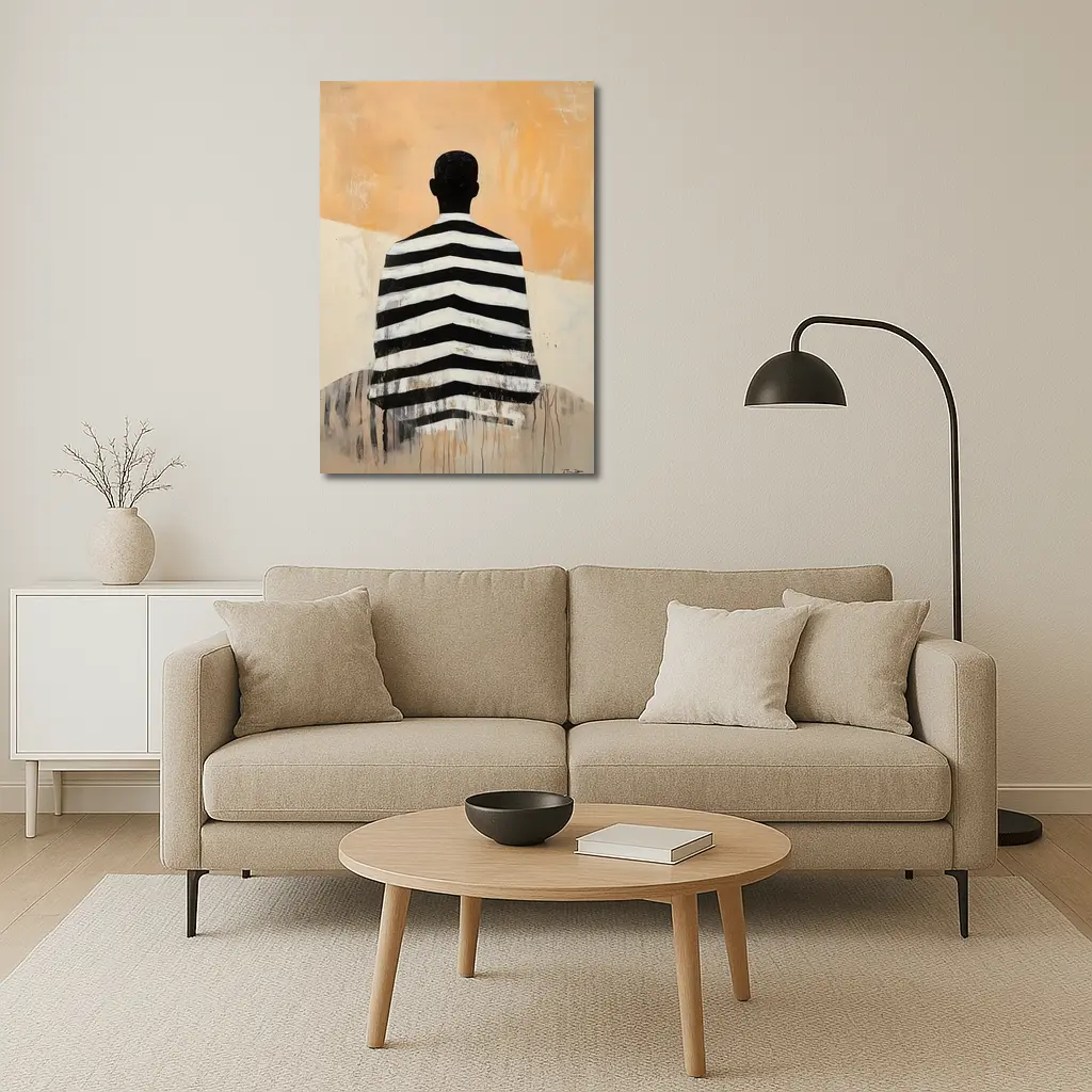 Striped Figure Back View Beige Abstract Painting – Wall Art