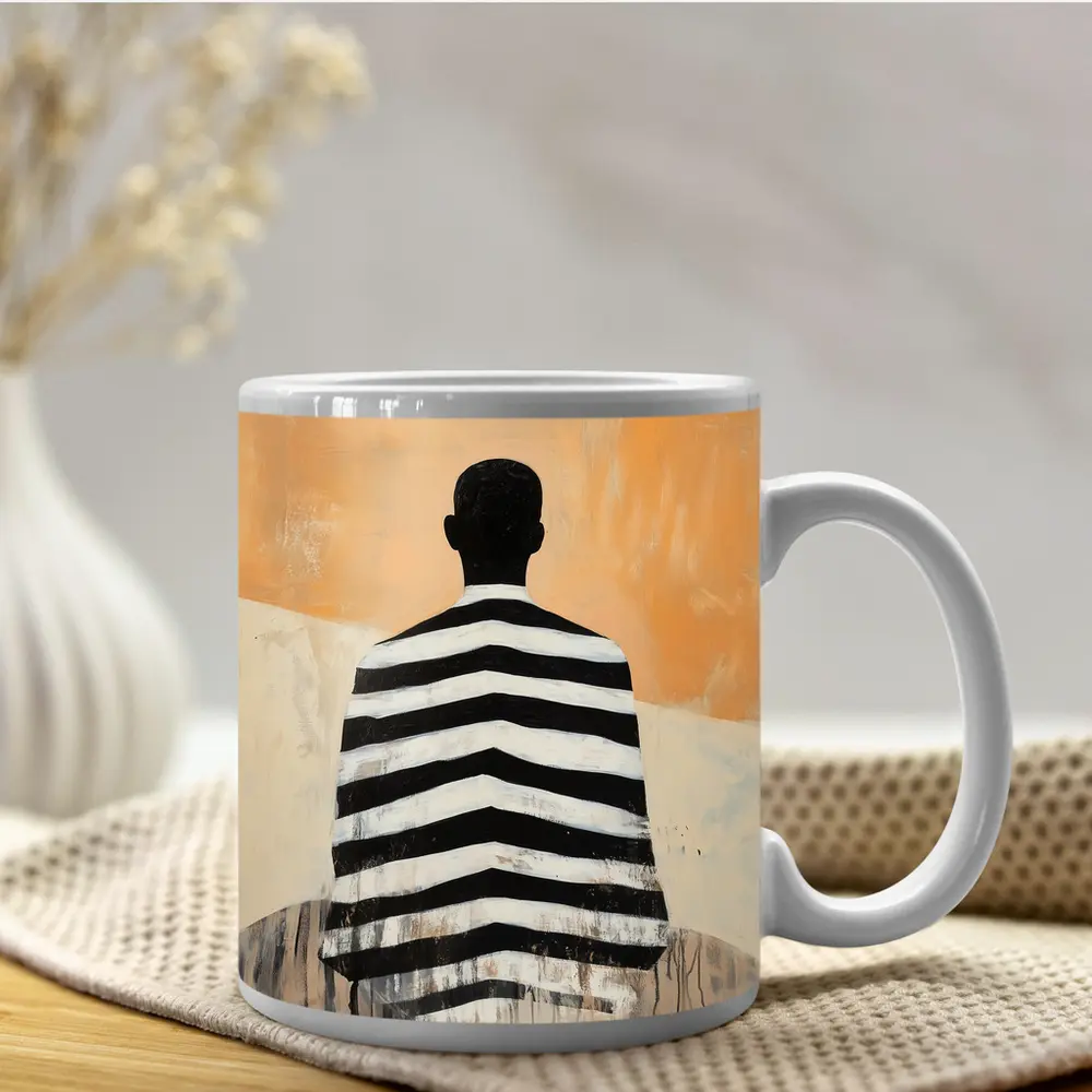 Striped Figure Back View Beige Abstract Painting – Mugs