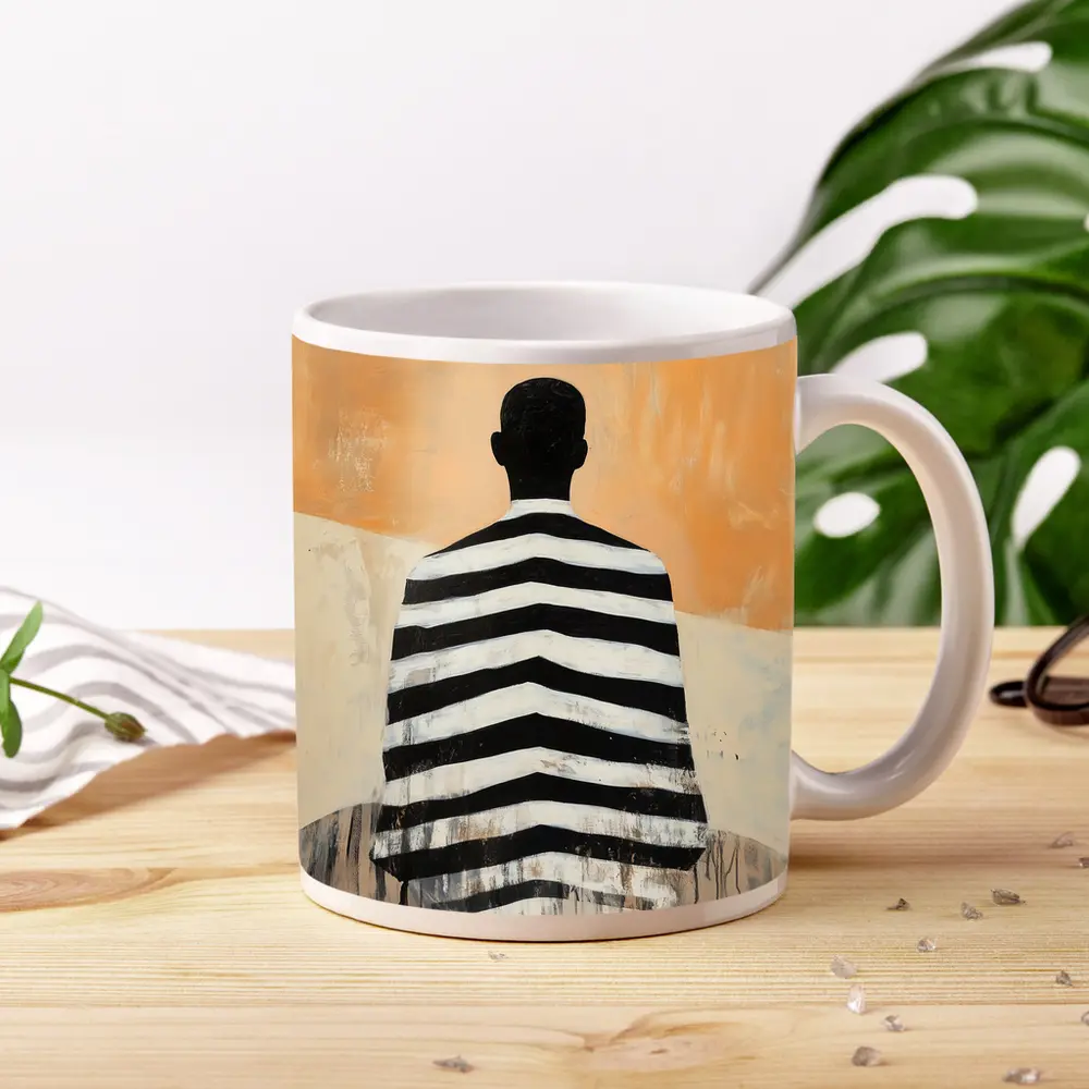 Striped Figure Back View Beige Abstract Painting – Mugs