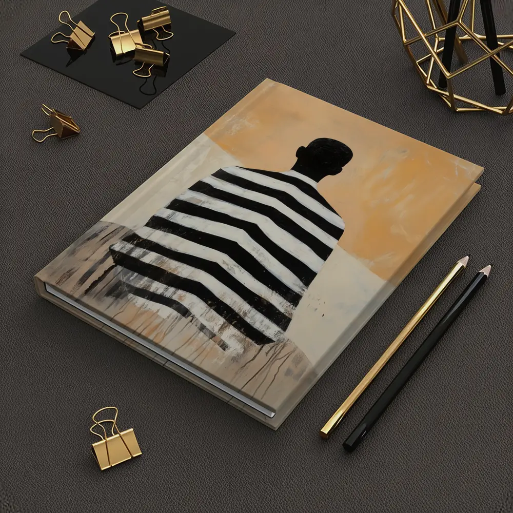 Striped Figure Back View Beige Abstract Painting – Notebooks