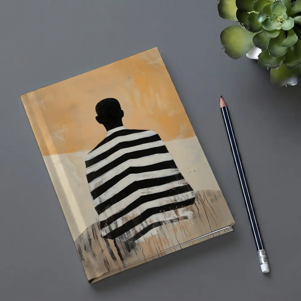 Striped Figure Back View Beige Abstract Painting – Notebooks