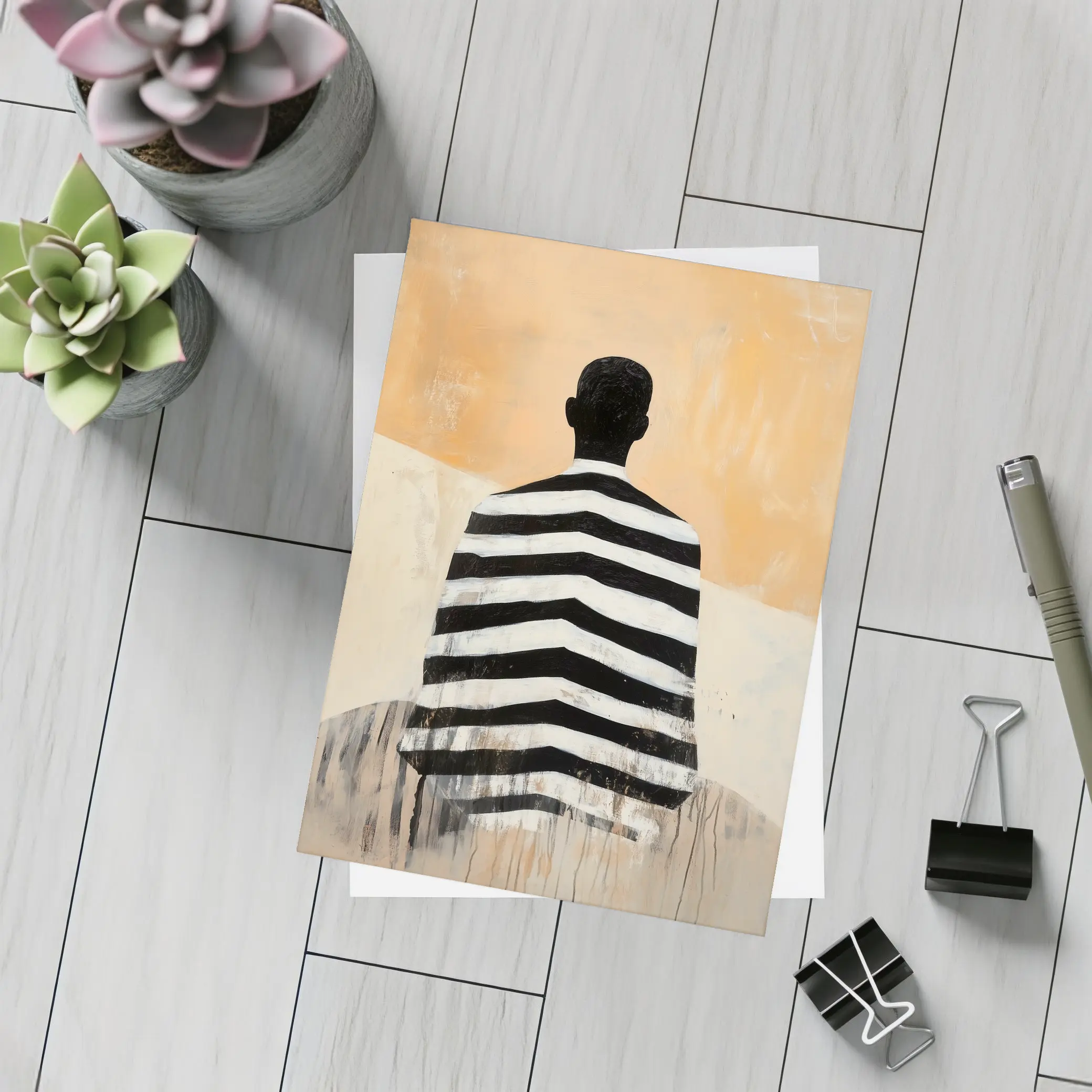 Striped Figure Back View Beige Abstract Painting – Postcards