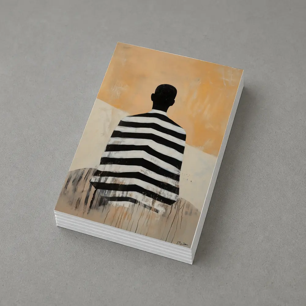 Striped Figure Back View Beige Abstract Painting – Postcards