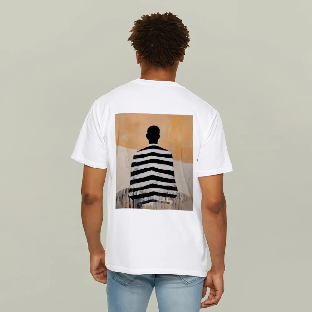 Striped Figure Back View Beige Abstract Painting – T-Shirts
