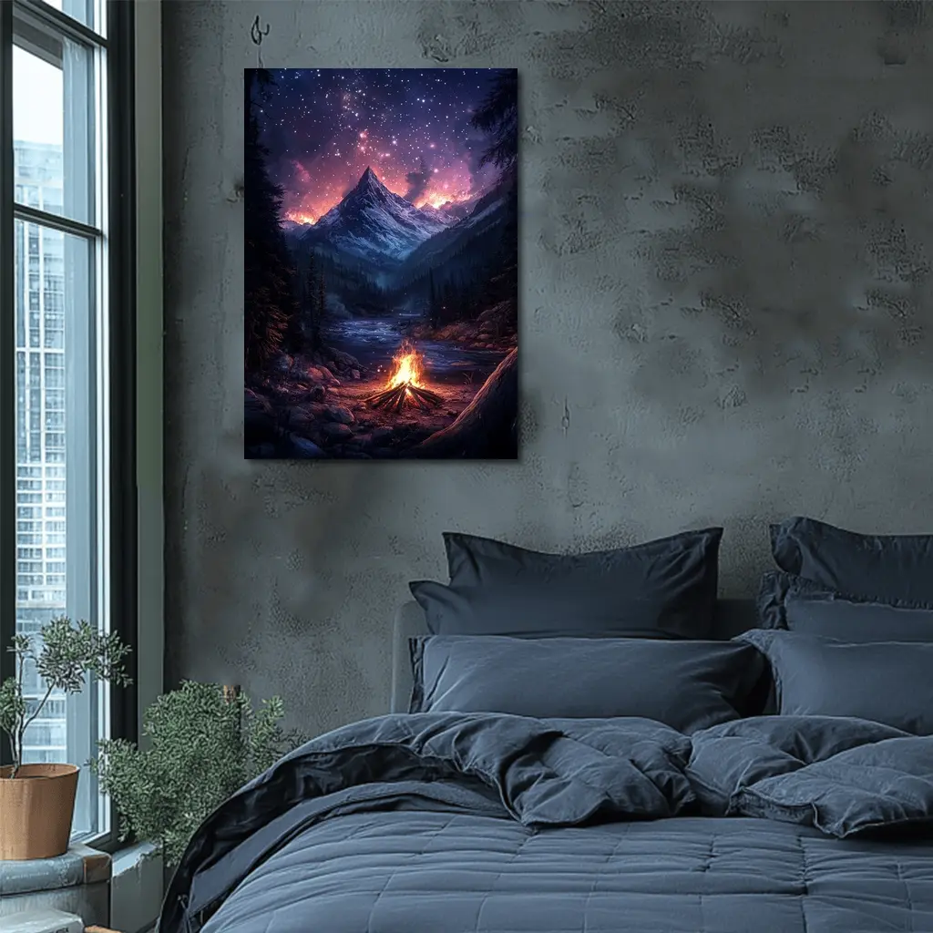 Campfire Mountain Night Starry Sky Forest – Wall Art