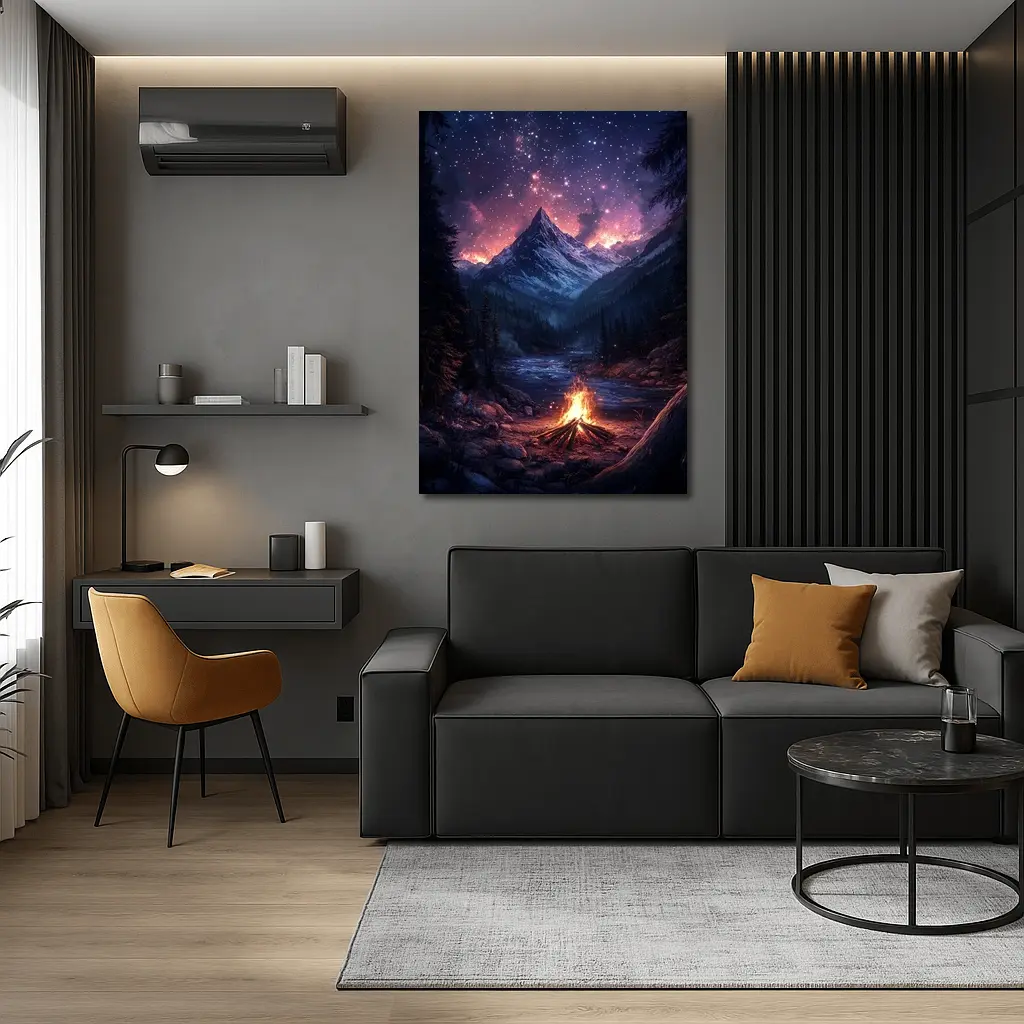 Campfire Mountain Night Starry Sky Forest – Wall Art
