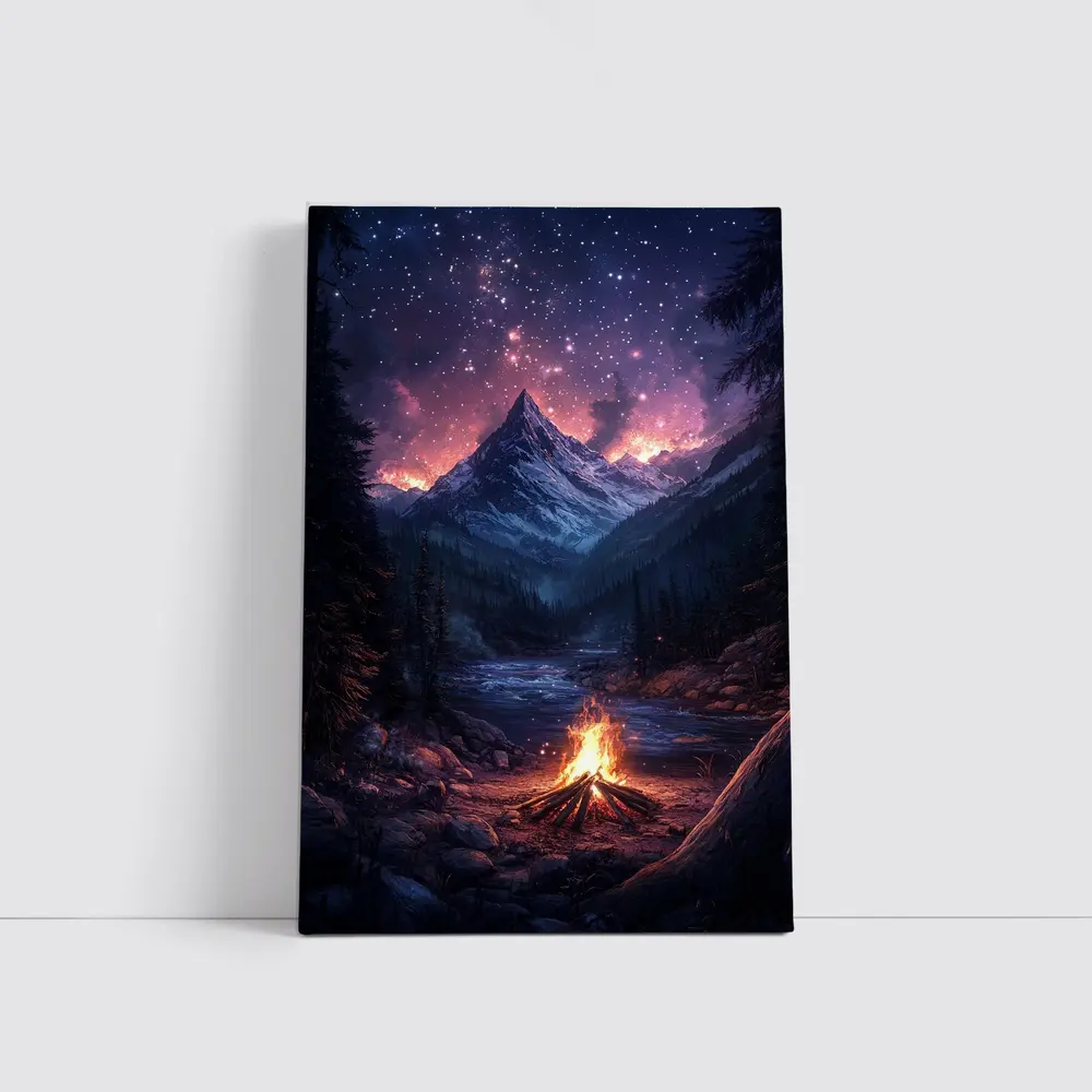 Campfire Mountain Night Starry Sky Forest – Wall Art