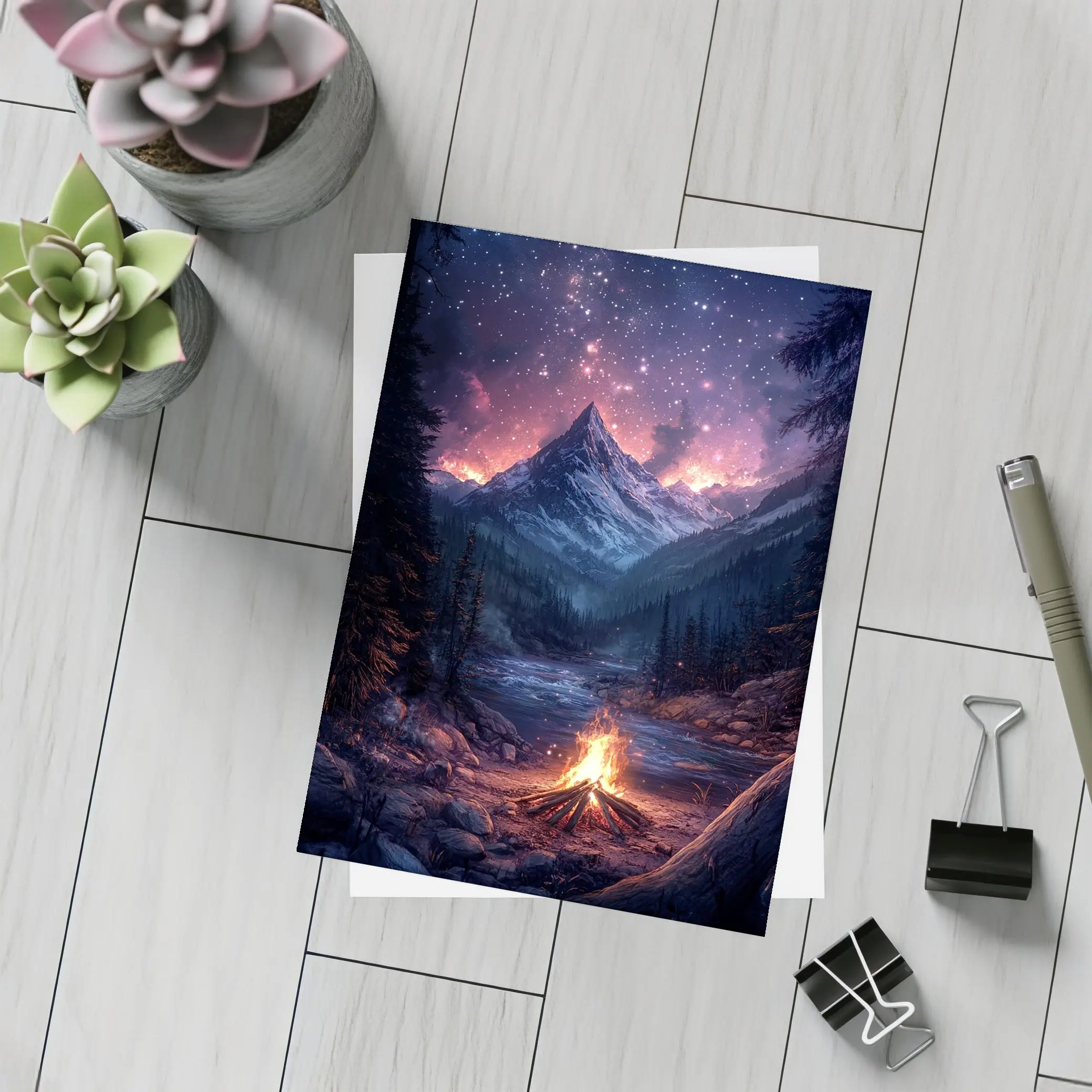 Campfire Mountain Night Starry Sky Forest – Postcards