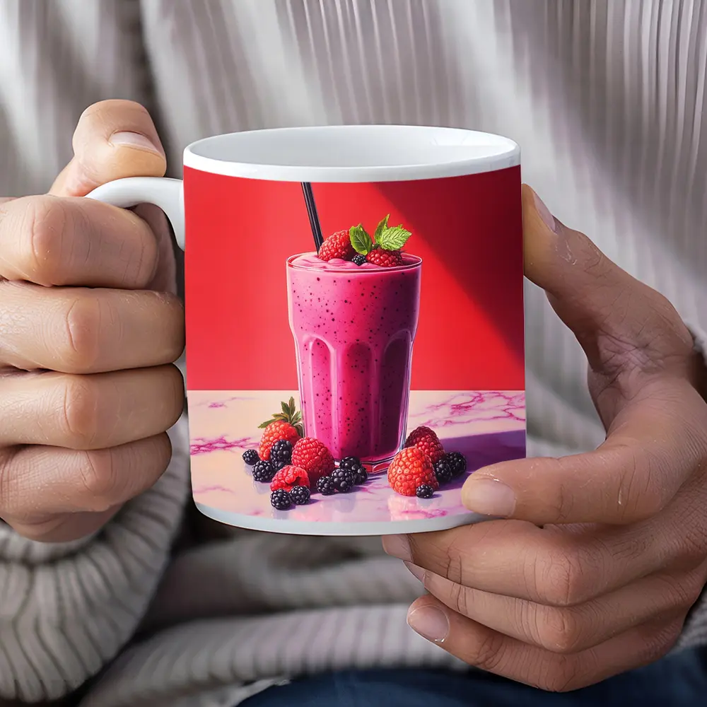 Berry Smoothie Glass Red Background Art – Mugs