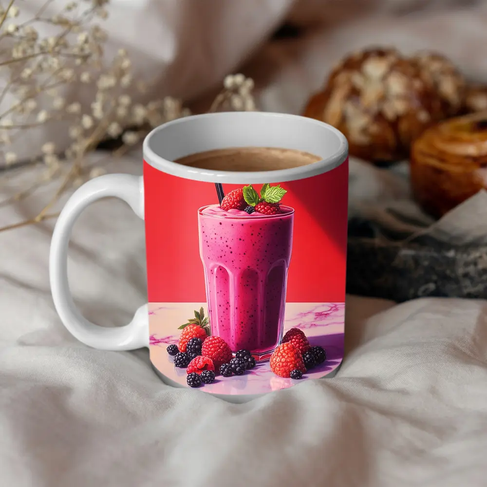 Berry Smoothie Glass Red Background Art – Mugs