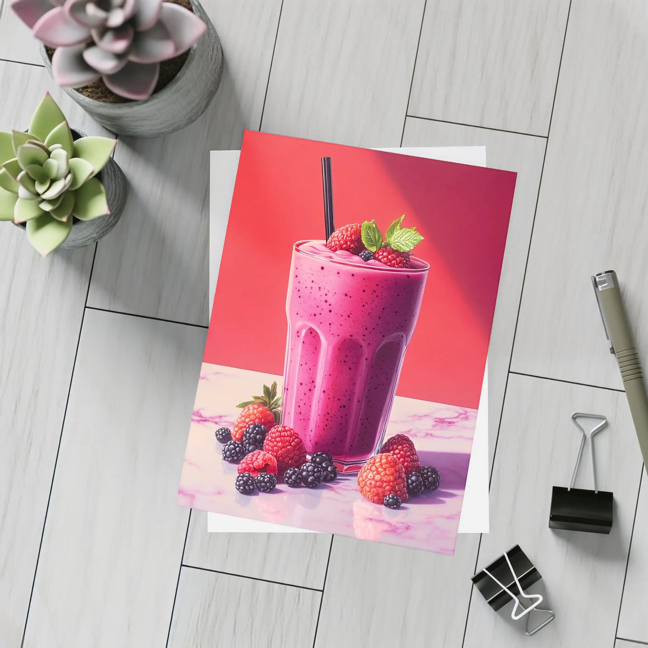 Berry Smoothie Glass Red Background Art – Postcards