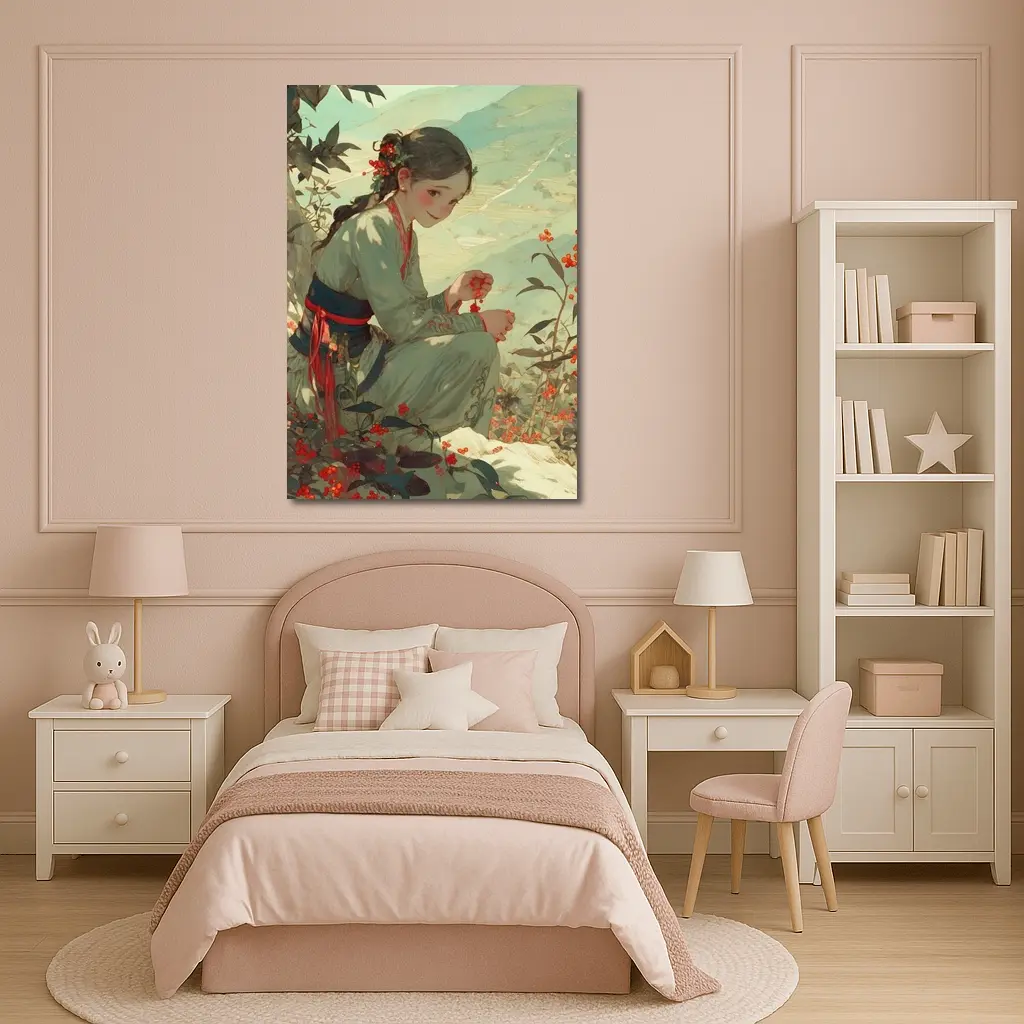 Chinese Girl Picking Flowers Mountain Landscape Art – Wall Art