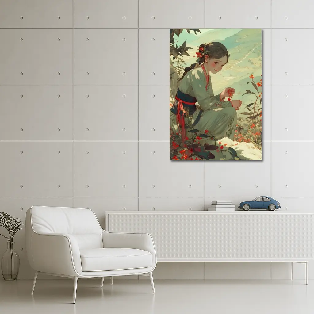 Chinese Girl Picking Flowers Mountain Landscape Art – Wall Art