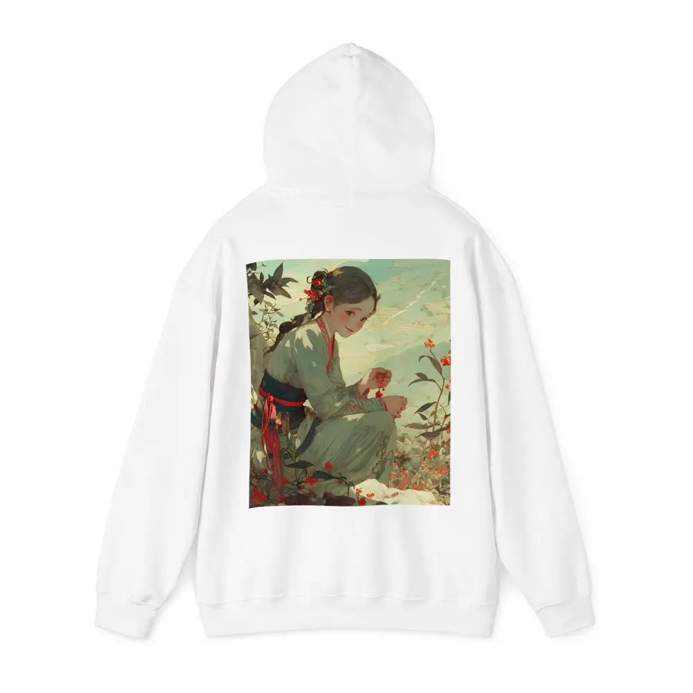 Chinese Girl Picking Flowers Mountain Landscape Art – Hoodies