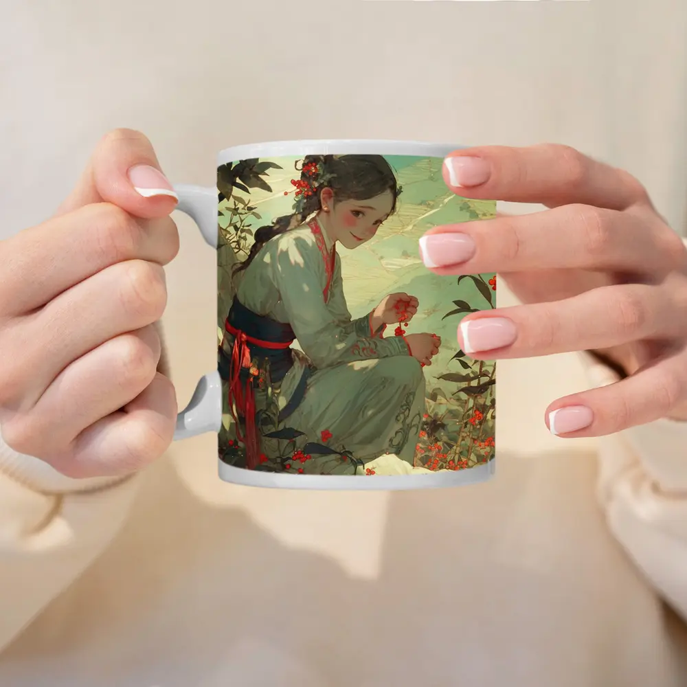Chinese Girl Picking Flowers Mountain Landscape Art – Mugs