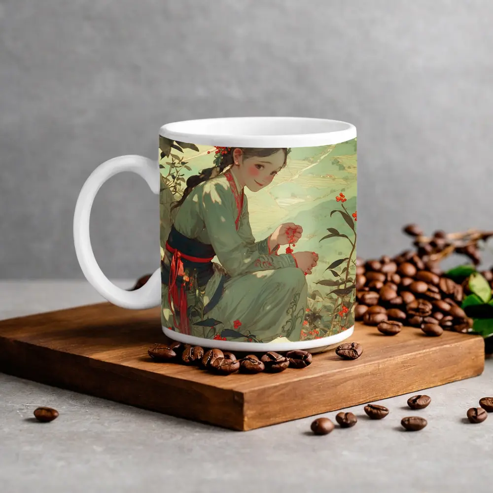 Chinese Girl Picking Flowers Mountain Landscape Art – Mugs