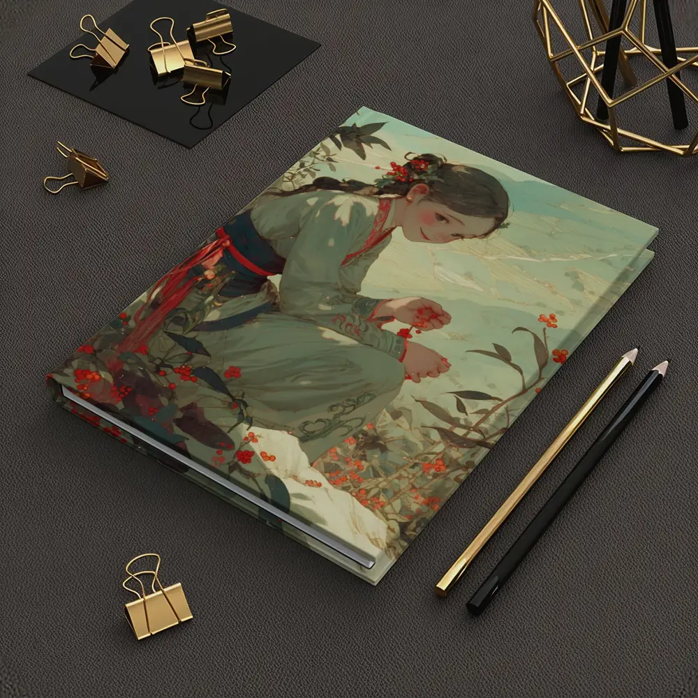 Chinese Girl Picking Flowers Mountain Landscape Art – Notebooks