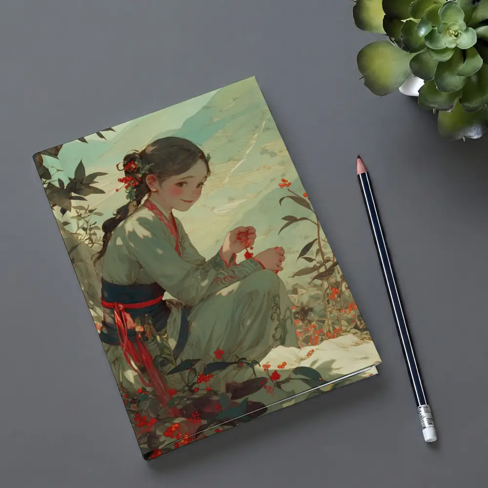 Chinese Girl Picking Flowers Mountain Landscape Art – Notebooks