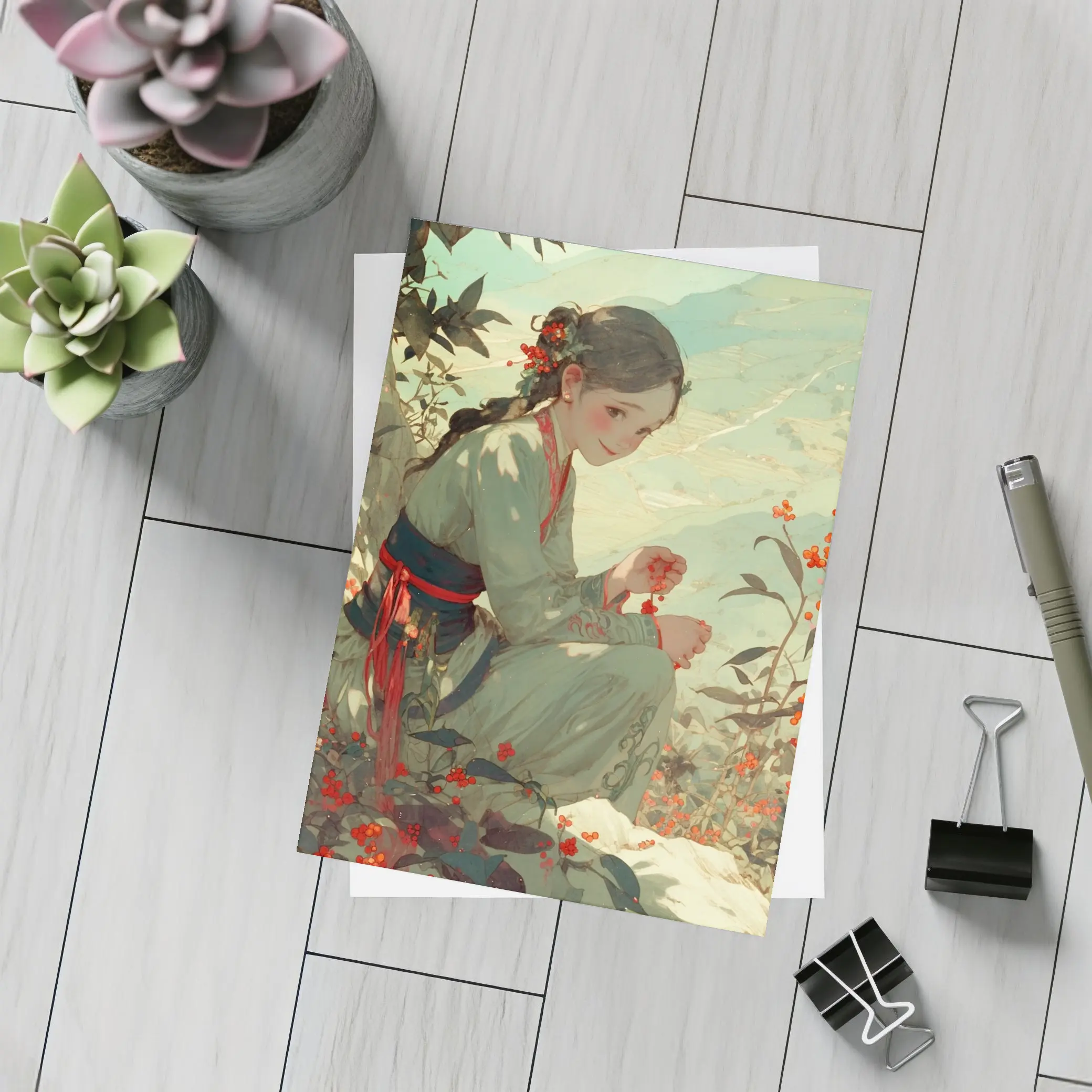 Chinese Girl Picking Flowers Mountain Landscape Art – Postcards
