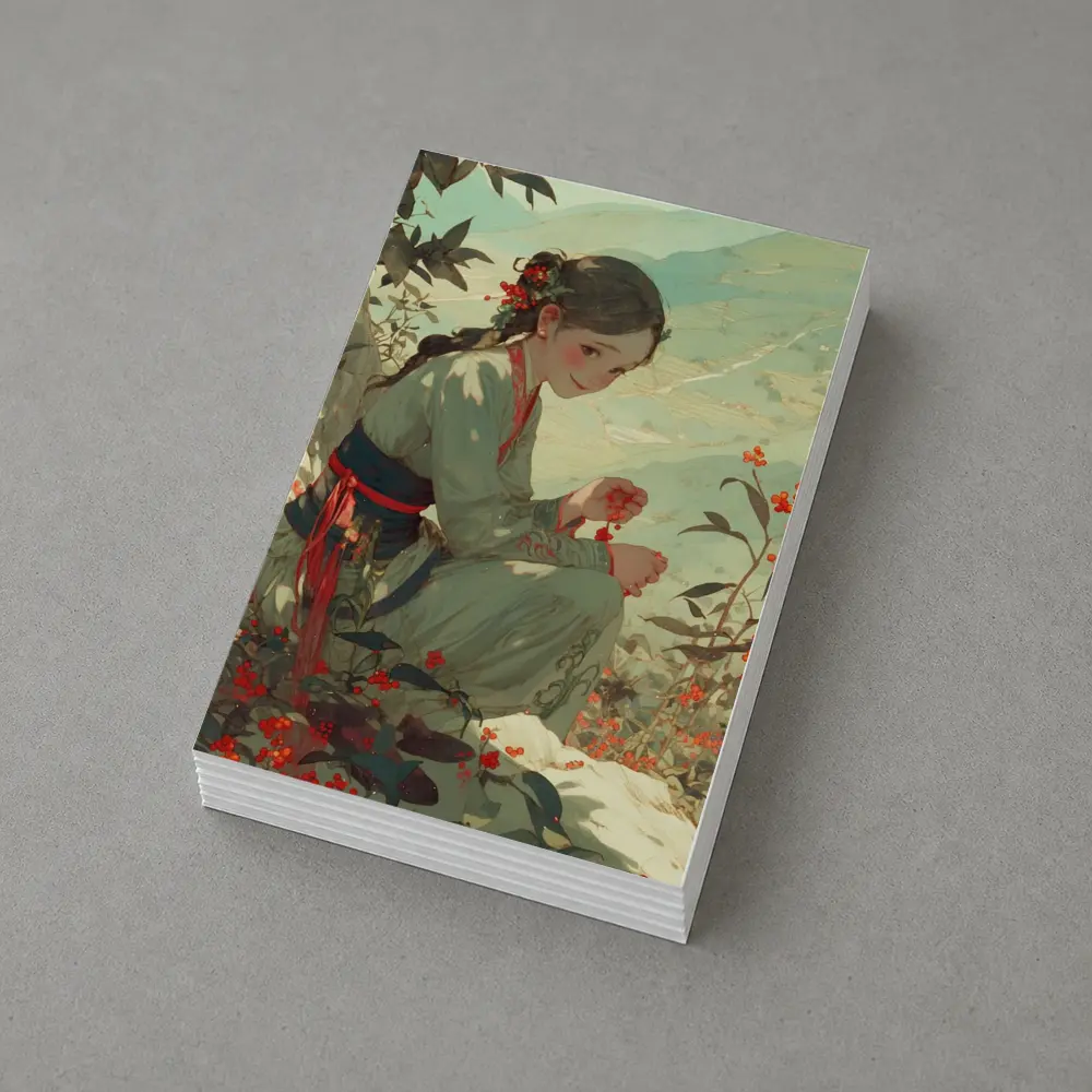 Chinese Girl Picking Flowers Mountain Landscape Art – Postcards