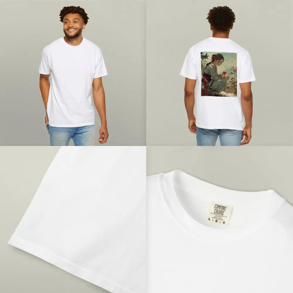 Chinese Girl Picking Flowers Mountain Landscape Art – T-Shirts